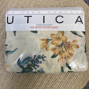 Vintage Utica Quaker Hill Ivory Floral Percale Queen Fitted Sheet USA, NIP